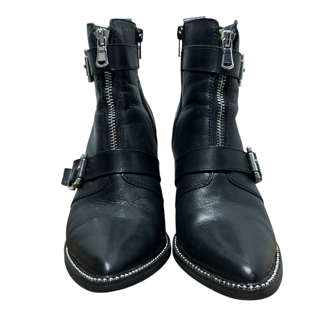 Steve Madden Halle Moto Buckle Black Leather Pointed Toe Zipper Booties - Picture 5 of 14